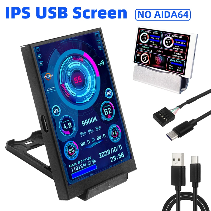 3.5 Inch IPS Type C Secondary Screen for Computer CPU GPU RAM HDD Monitor USB Display USB NO AIDA64 LCD for Windows 10 11
