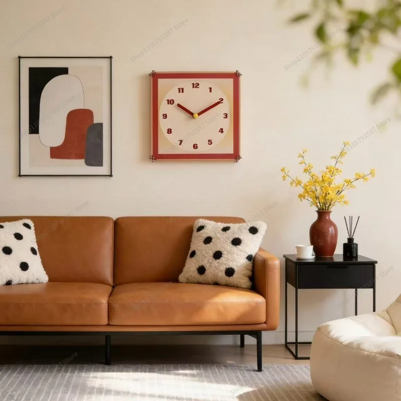 For The Red Square Wall Clock, The Digital Clock Is Hung  The Wall, and  Living Room Is Decorated with A High-end Grille.