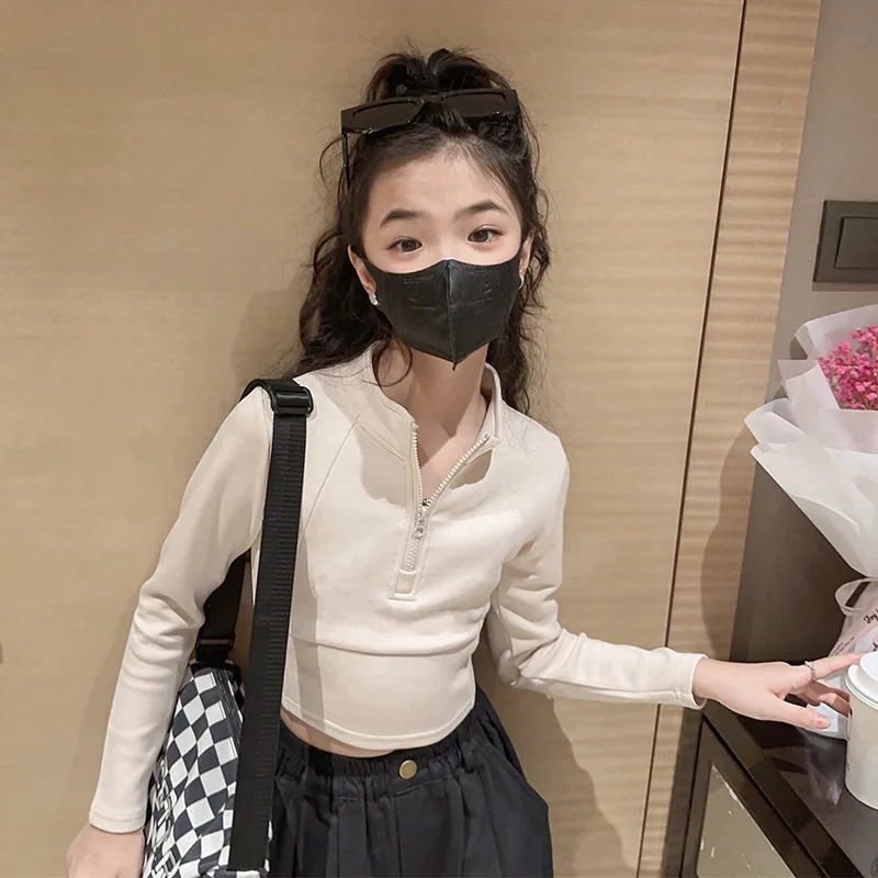 

Футболка для девочек, уличная одежда для джазовых танцев, детский укороченный топ с длинными рукавами, детская одежда, подростковые корейские футболки на молнии от 6 до 16 лет