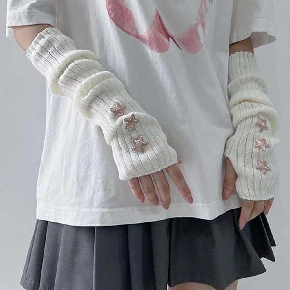 Elastic Knitted Fingerless Sleeves Long Solid Color Y2K Star Arm Cover Breathable Acrylic Fibers Warmer Long Cuff Outdoor