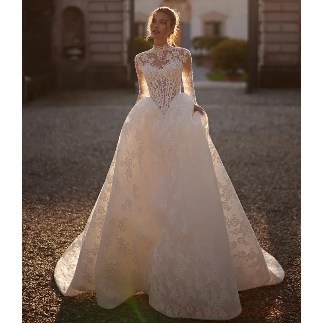 Retro Long Sleeves Wedding Dresses Bustier Corset Lace Appliques Bridal Gown Floor Length Elegant robe de mariée Customized