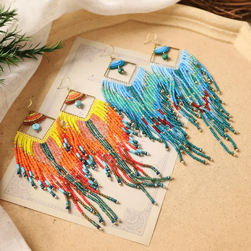 Rice bead earrings Tassel Gradient Pendant Geometry Hand knitting Bohemia Alloy Fashion Simple Beaded earrings