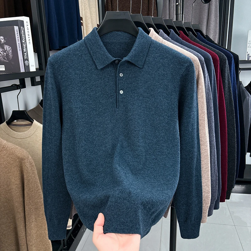 

100% Pure Wool Knit Polos Men 2025 Autumn Winter Classic Turn Down Collar Sweater Cashmere Wool Buttons Knitwear Pullovers