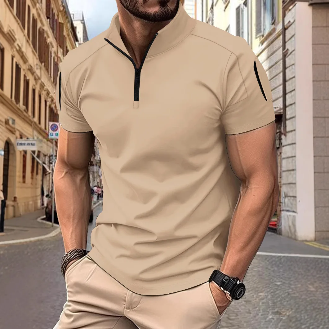 Men's summer leisure tactical training daily splicing arm pocket stand collar office solid color short-sleeved polo shirt