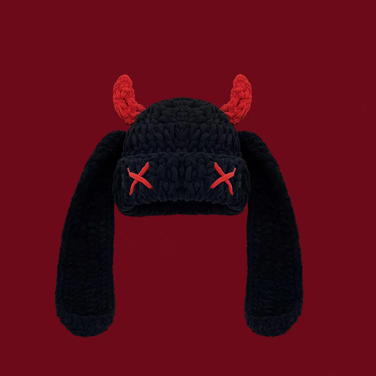 Carino divertente piccolo diavolo orecchie lunghe berretto lavorato a maglia cappello da donna autunno inverno caldo protezione per le orecchie cappello di lana pullover in corno fatto a mano