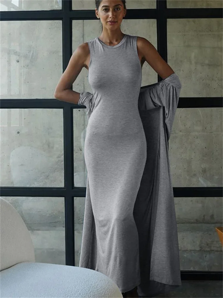 

New Women Maxi Dress Outfits Casual 2 Piece-Set Female Long Dress Slim High Waist Patchwork Sleeveless Dress And Overcoat Sets