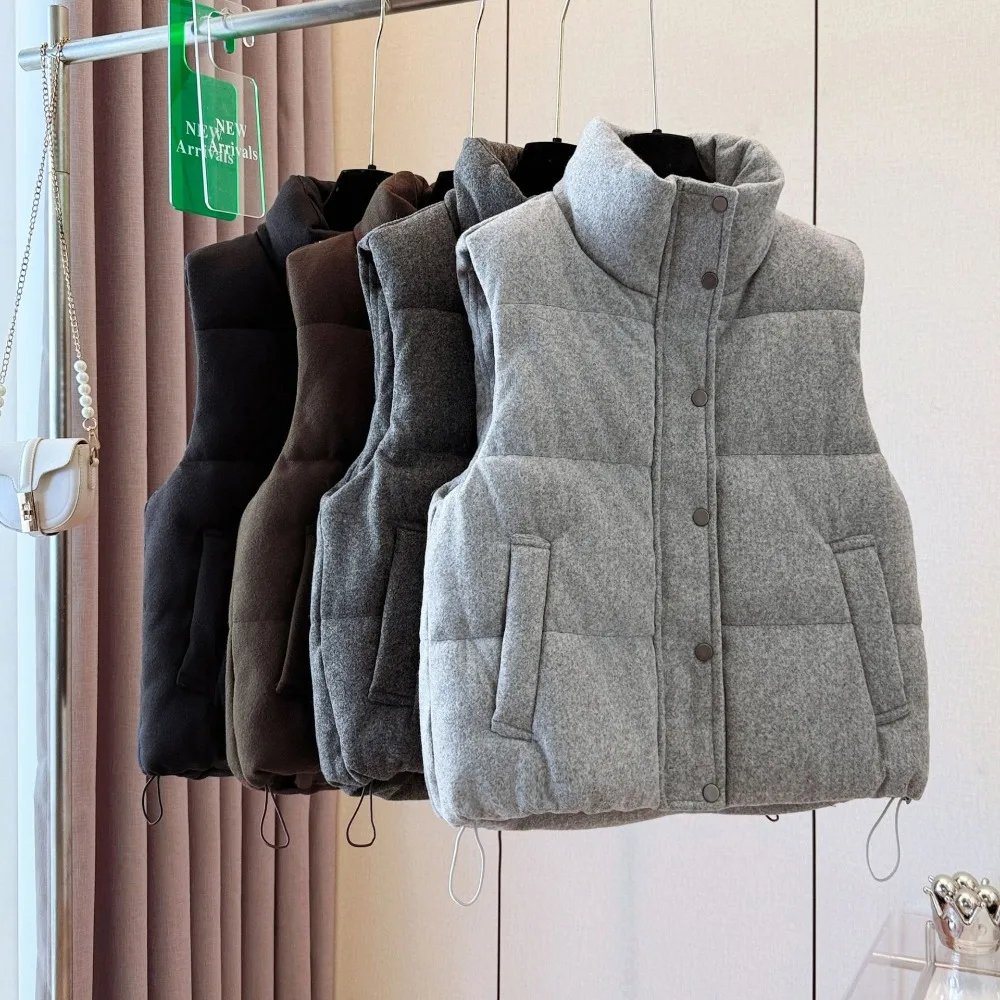 Autumn and Winter Woolen Stand-up Collar Cotton Vest Women's Short Single-breasted Drawstring Hem Sleeveless and Fashionable