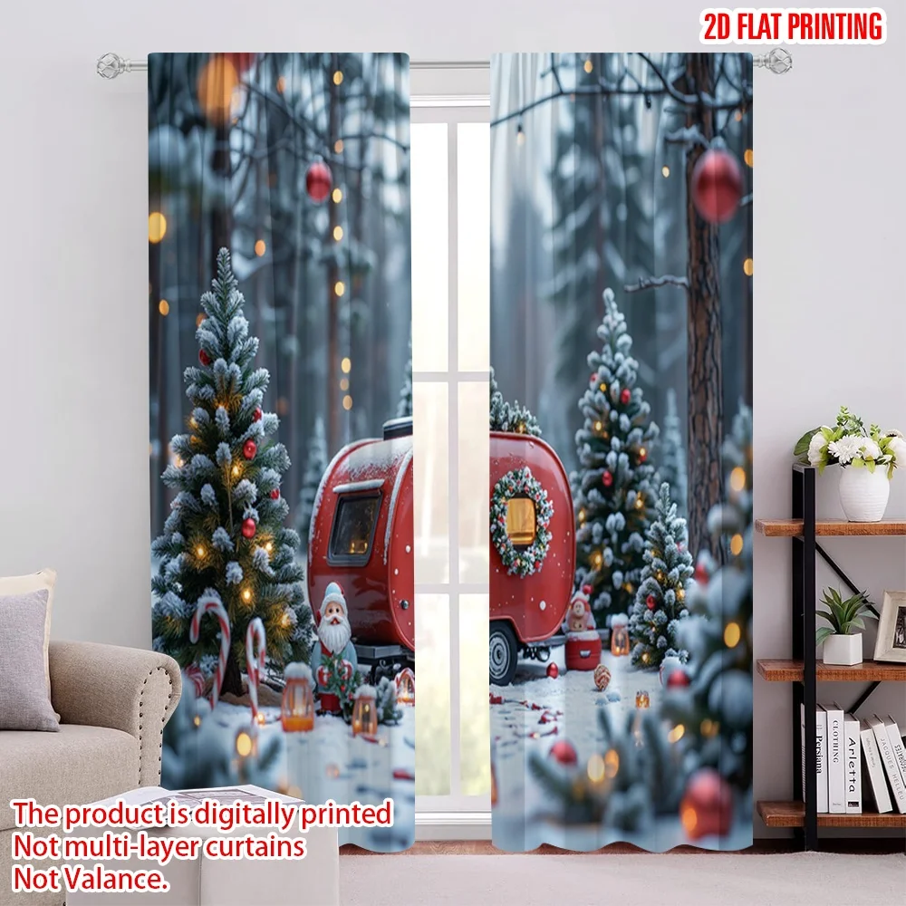 

2pcs 2D flat printing Merry Christmas Drapes Vintage red trailer with snow scene trees Fabric Without Electricity Festive Wall