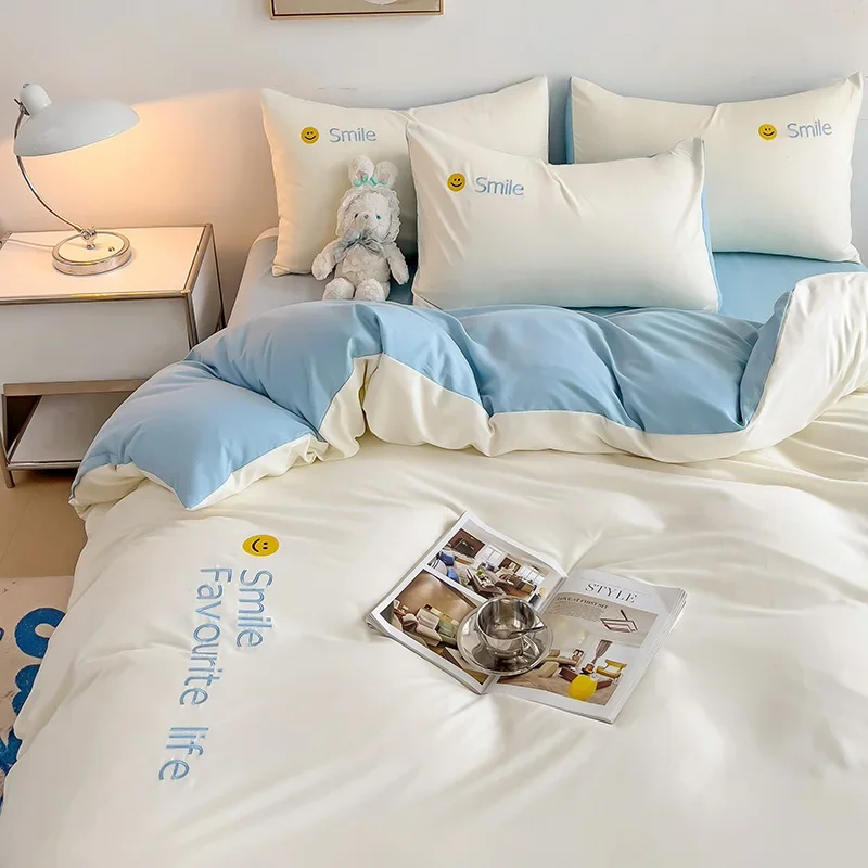 Korean Style Bedding Set Washed Cotton Duvet Cover Set Twin Double Queen Size Quilt Cover Fitted/Flat Sheet Pillowcase Bed Line