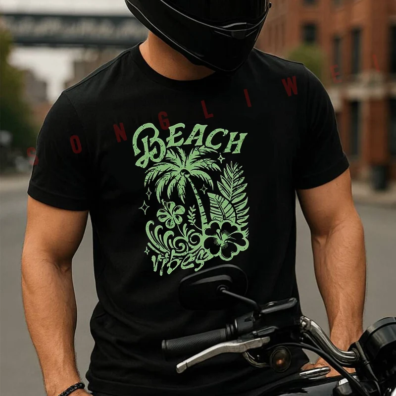 

Motorcycle Palm Tree Print T Shirt Cotton Summer Short-sleeved Casual Tee Men Women Streetwear T-shirt
