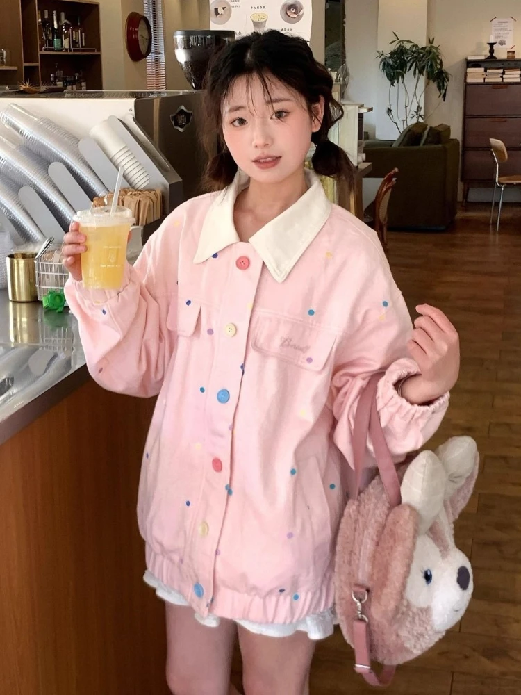 Korean Sweet Preppy-style Bomber Jackets Colors Polka Dot Turn-down Collar Oversize Pilot Jacket Pink Sky Blue Women Coats Japan