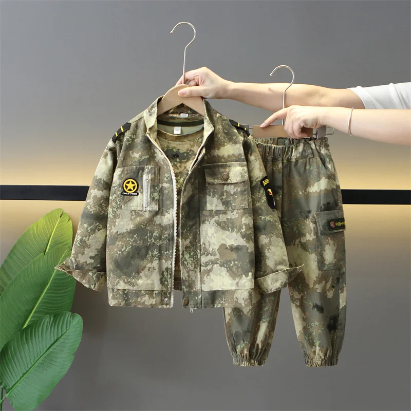 Children\'s camouflage jacket, spring and autumn boy suit, special forces new boy military training suit, three piece set