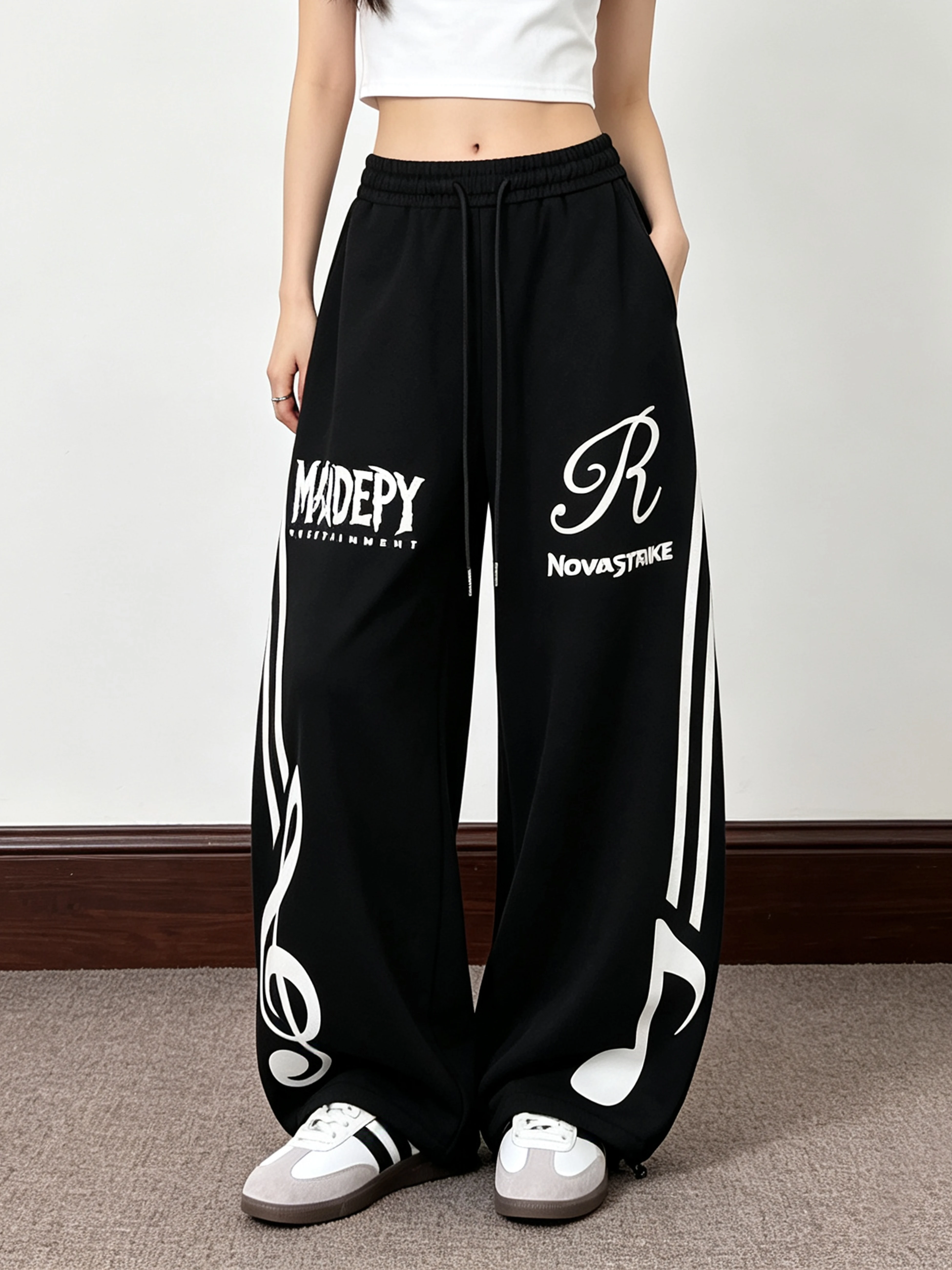 Loose Wide Leg Sports Pants for Women Street Style Music Print Casual Trousers Couples Sweatpants Cotton Polyester Blend