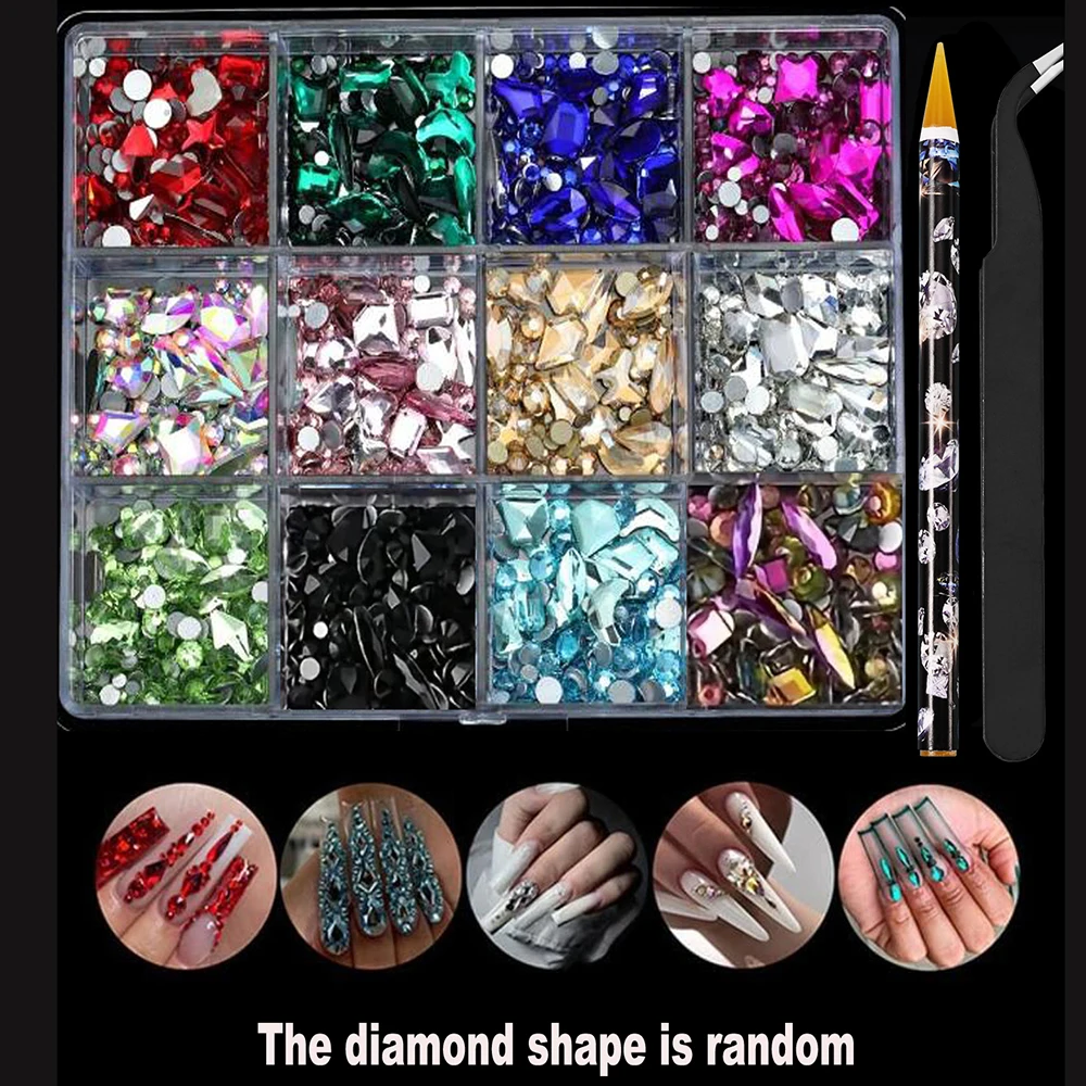 12Grids(400-500Pcs)3D Mixed-shapes Glass Crystal Nail Art Rhinetsone Shiny Red/Blue/Clear Nail Crystal DIY Flat-Bottom Diamond