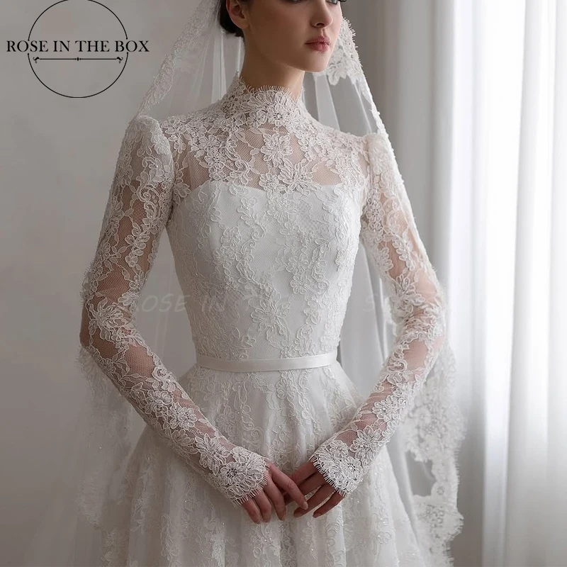 ROSEINTHEBOX robes de mariée en dentelle élégante de luxe 2025 à manches longues a-ligne col haut robe de mariée de mariée robe de mariée personnalisée