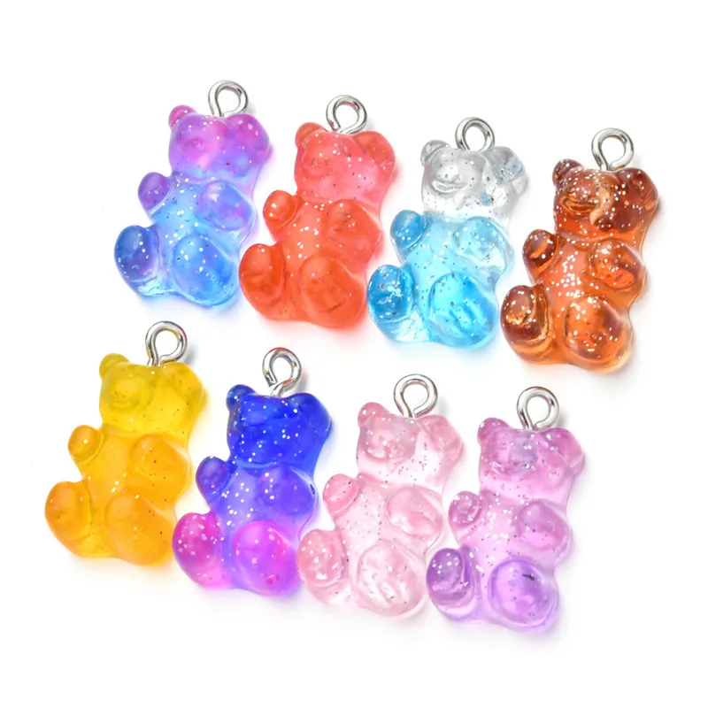 20pcs/set Bear Charms Resin Cabochons Glitter Gummy Candy Transparent Color Necklace Keychain Pendant DIY Making Accessories