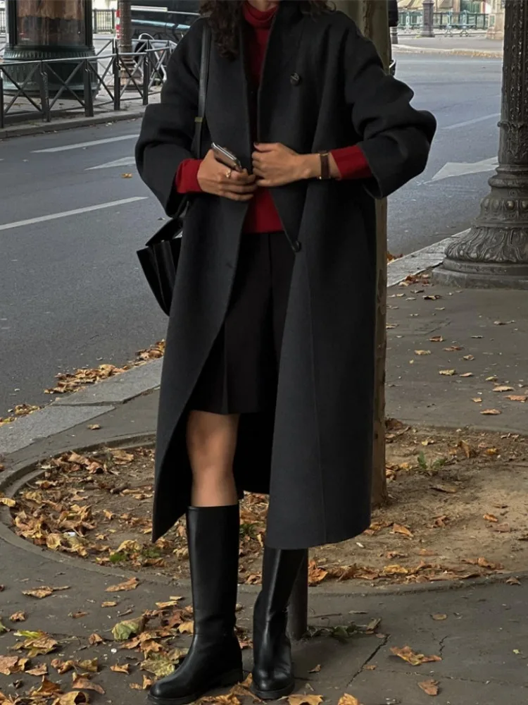 

Autumn Winter Women's Long Woolen Coat with Waist-Cinching Belt And Stand Collar Vintage Sle Outerwear for Commuting And St...