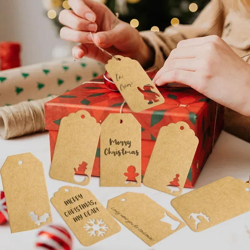 48/50pcs Merry Christmas Tags Kraft Paper Card Gift Label Tag DIY Hang Tags Gift Wrapping Decor Card Christmas Favors Supplies