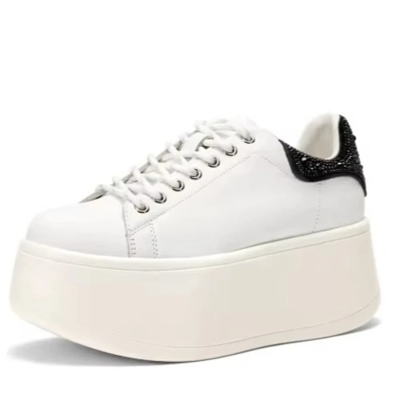 

White Shoes for Women's Silver Black Heel Tail Sports Shoes Genuine Leather Height Increasing Shoes Comfortable Casual Sneakers
