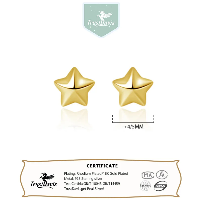 TrustDavis Real 925 Sterling Silver Fashion Sweet Star Stud Earrings Women Daughter Birthday Party Gift Jewelry DA1629