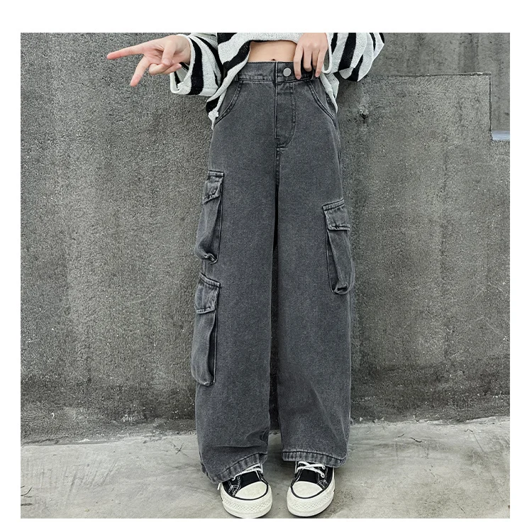 Retro Graue Cowgirl Cargo Jeans mit Taschen für Kinder, Lässige Denim-Hosen für Schule und Freizeit, Gerade Jeans für junge Mädchen – Detail 7