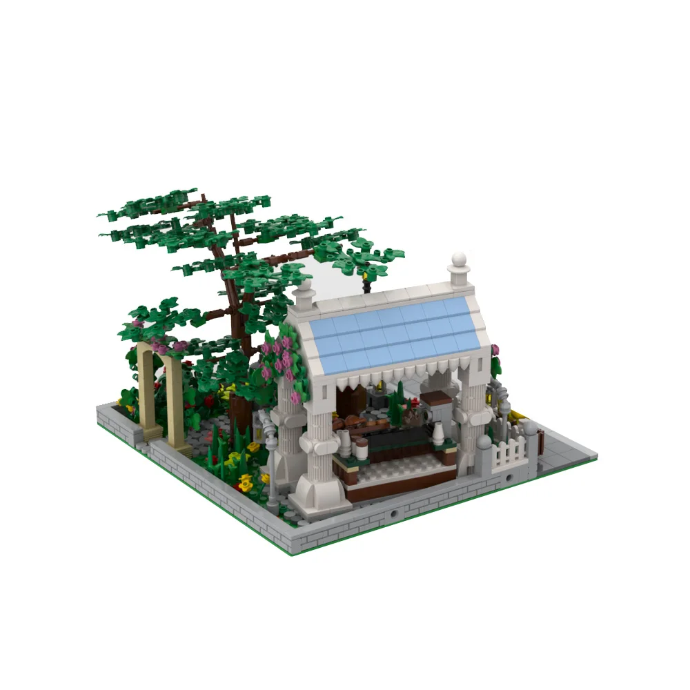 Gobricks MOC Modular Garden with Coffee Shop Building Blocks Model Private Garden Gazebo DIY Bricks Assembly Toys Children Gifts