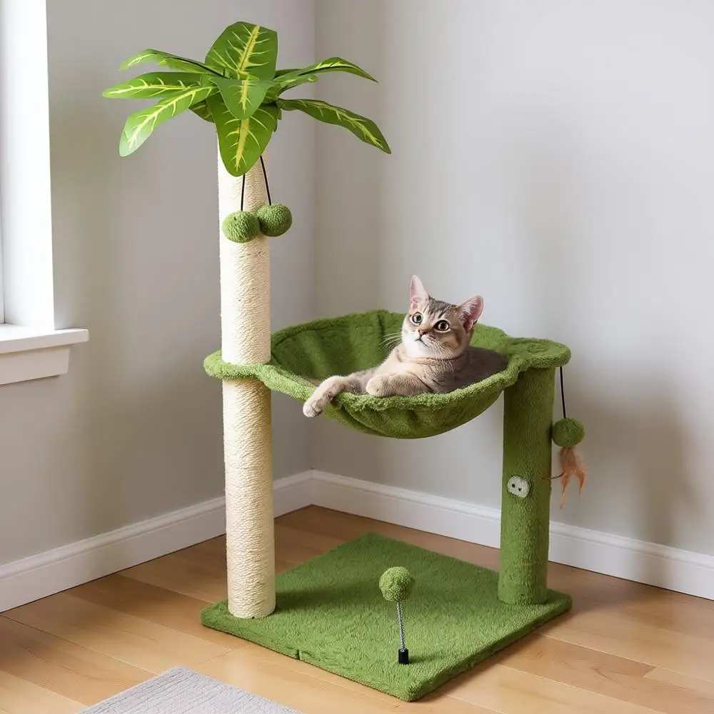 

Cat Tree or Indoor 35 Tall Cat Scratching Post with Large Cat Hammock and Hanging Ball Toys, Plant Green