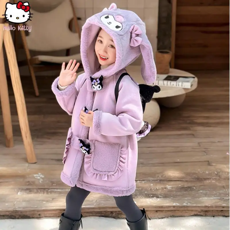 

Одежда Kuromi для девочек с героями мультфильмов, цельный свитер с утолщенным бантом, кавайная осенне-зимняя новая теплая куртка Sanrio, корейские топы