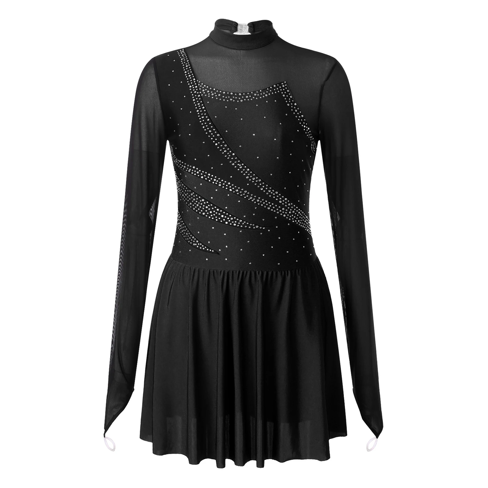 Vestido de Strass Manga Longa Feminino, Patinação Artística, Malha Pura, Collant de Ginástica Ballet, Performance Palco Dancewear