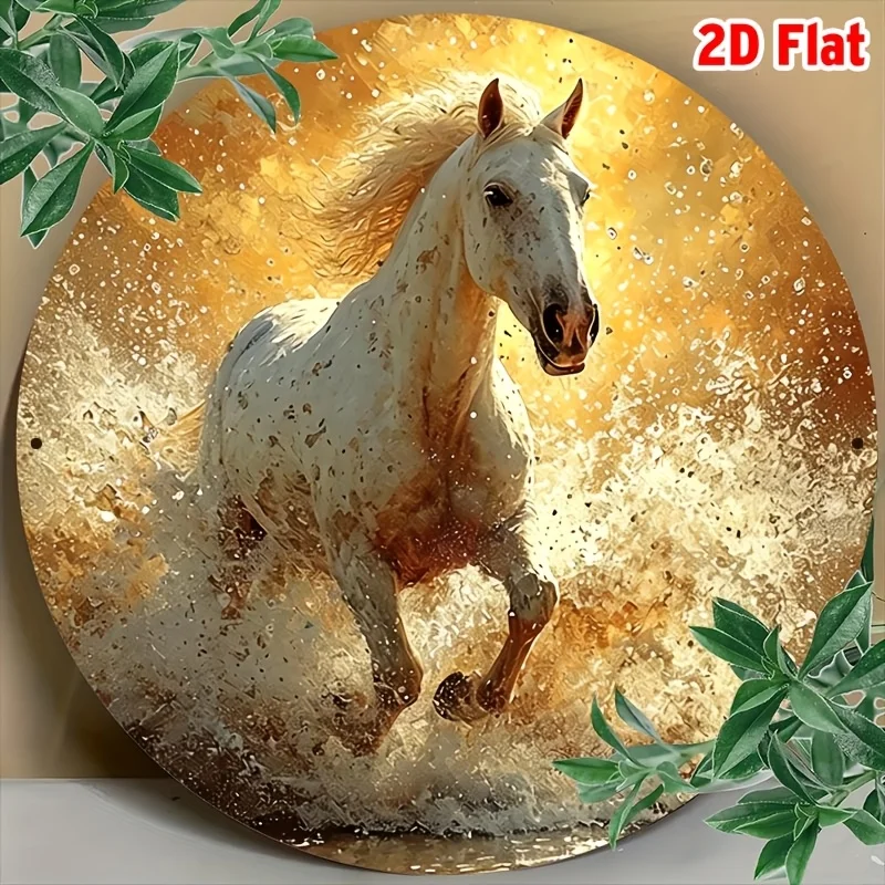2D Flat, 1pc 8x8 Inch (20cm) Round White & Golden Galloping Horse Metal Wall Art Sign - UV/Scratch/Flame Resistant Aluminum Plaq