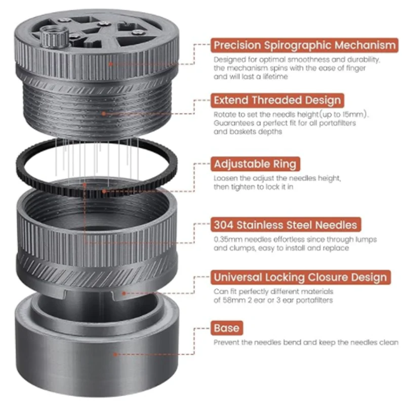WDT Tool Spirographic Spin Espresso Distribution 15 Needles Adjustable Height Espresso Distributor with 51mm 54 58mm Portafilter
