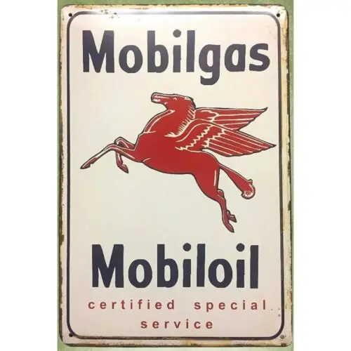 Mobiloil Vintage Tin Sign Red Pegasus Retro Man Cave Wall Art Decor