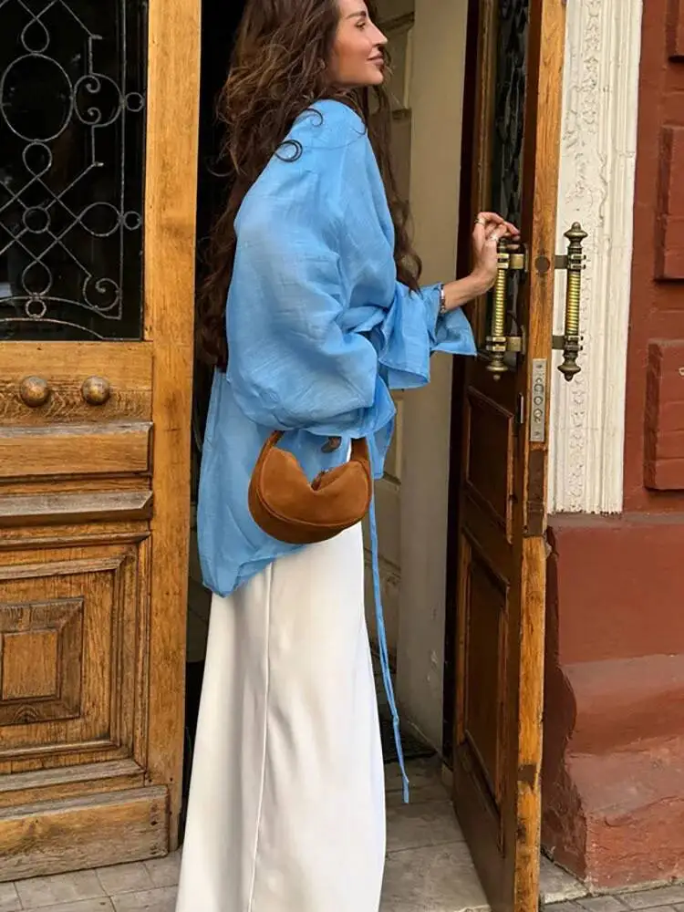 Fantoye Herfst Nieuwe Turn-down Kraag Vrouwen Blouses Blauw Lange Mouw Single Breasted Blouses Vrouwelijke Losse Casual Streetwear 2025