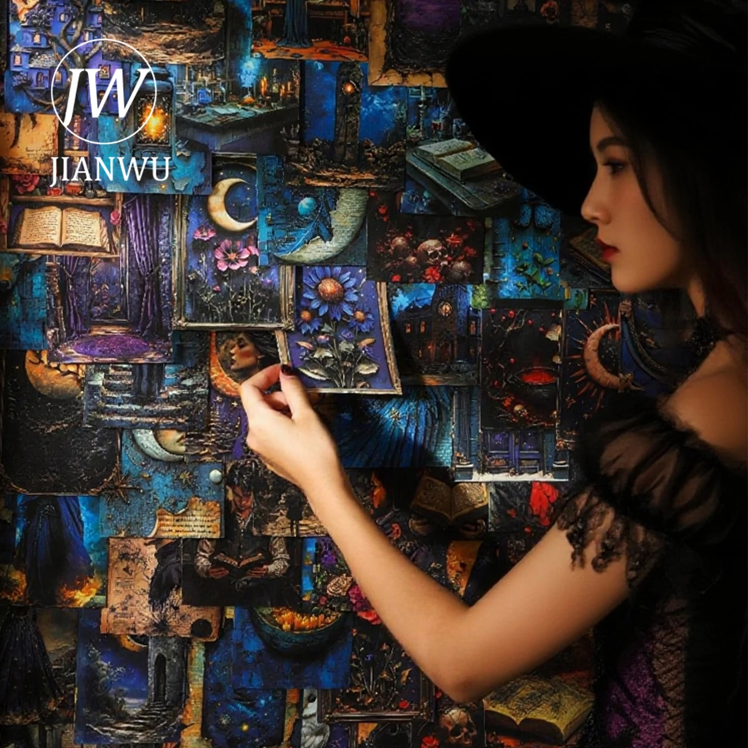 

JIANWU Witch's Magic Book Series Vintage Dark Character Landscape Collage Scrapbook Material Creative Junk Journal Stationery