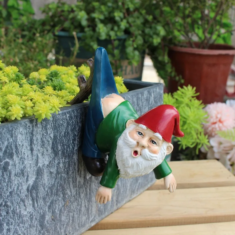 ​​​​​​​Whimsical Garden Gnome Pot Edge Hanger Resin Adorable Fairy Figurine for Outdoor Plant Decor Patio and Lawn Ornament