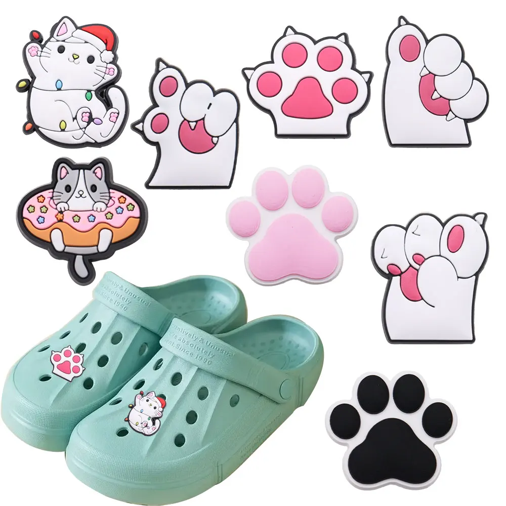 New Arrival 1pcs Cute Cartoon Cat Paw Doughnut PVC Shoe Charms Sandals Decoration Ornaments Accessories Kid Party Xmas Gift