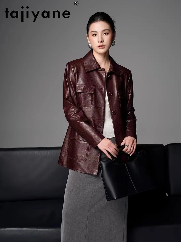 TAJIYANE Prawdziwa Skóra Owcza Olejowana Woskiem Kurtki Skórzane Czerwone Płaszcze Średniej Długości Dopasowane Kurtki Skórzane dla Kobiet Jesień 2025 Odzież шуба