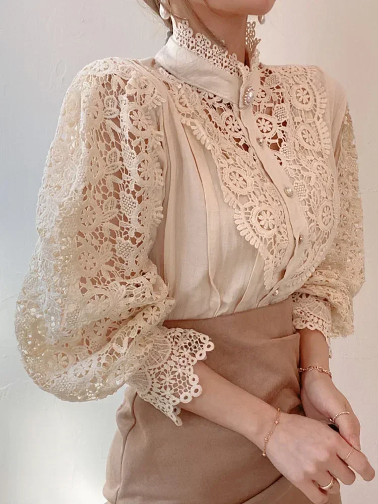 

Petal Sleeve Stand Collar Hollow Out Flower Lace Patchwork Shirt Femme Blusas All-match Women Lace Blouse Button White Top 12419