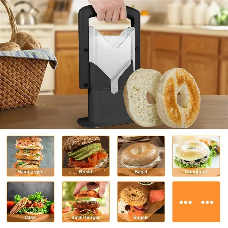 DT39 Bagel Cutter Stainless Steel Bread Slicer Safety Handle Portable Muffin Slicer Kitchen Gadgets for Toast Fruits