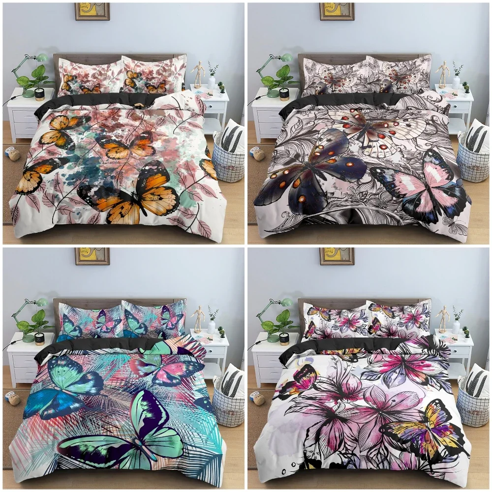 

2/3Pcs Beautiful Butterflies Duvet Cover Bedding Set Watercolor Spots Quilt Cover With Pillowcase King Queen Size Home Textile