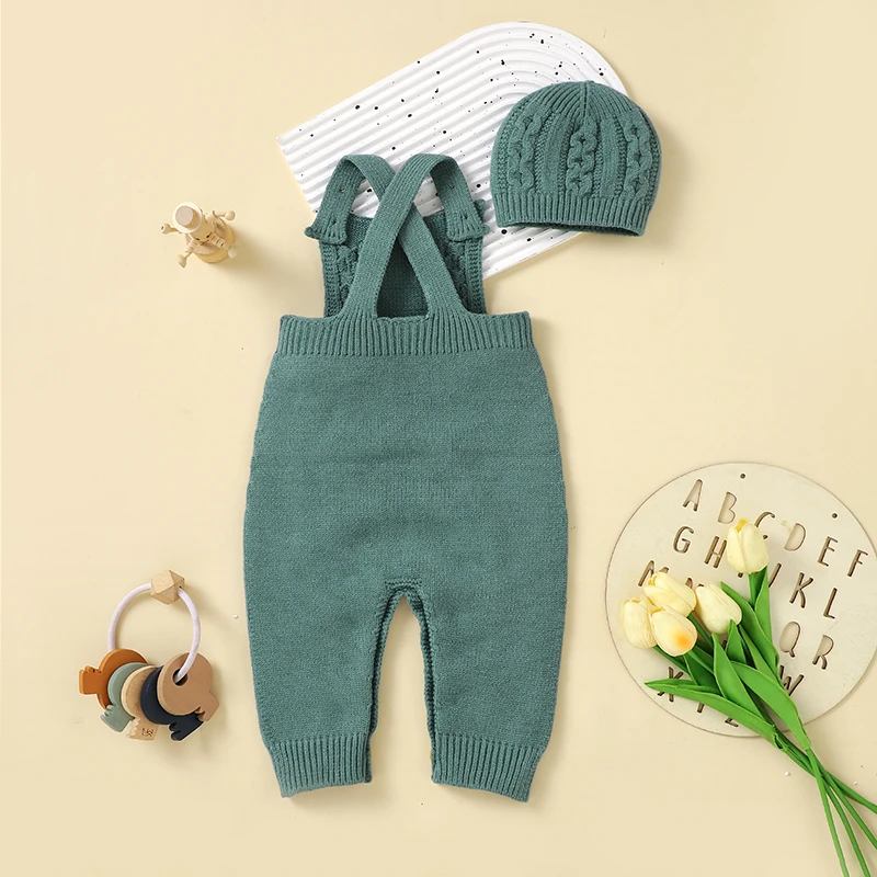 Baby Romper Set Solid Knit Toddler Kid Sling Clothes Hat 0-18M Overalls Playsuit 2PC Infant Girl Newborn Boy Jumpsuit Sleeveless