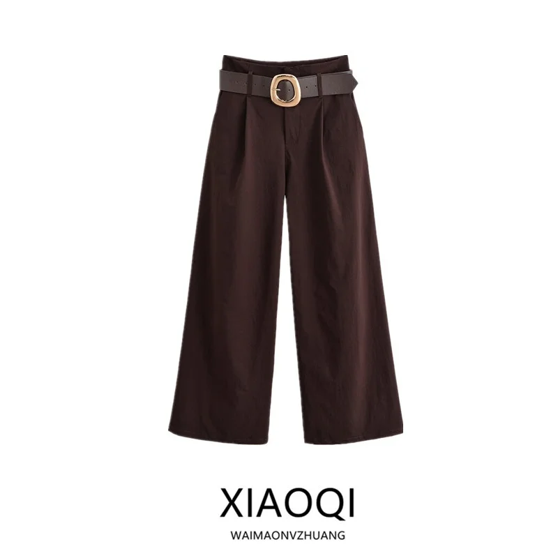 Широкие повседневные брюки с высокой талией для женщин, осеннее новое поступление, свободные брюки с поясом, прямой подол, другой материал 00%