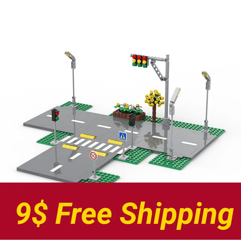 

MOC building block scene urban road floor traffic light street light automobile highway traffic sign intersection assembly toy