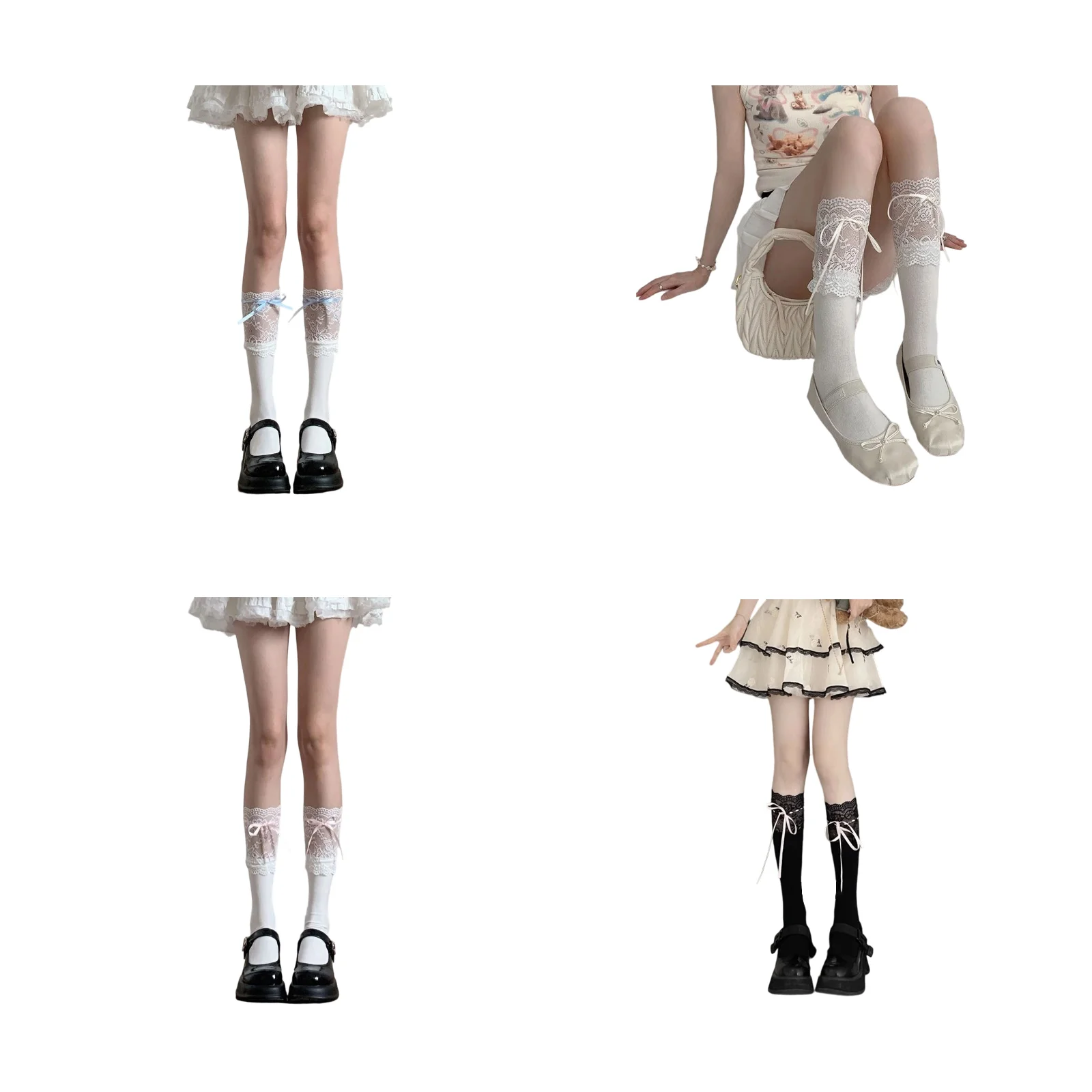 

Комплект кружевных носков в стиле Лолита: белые носки с синей/белой/воздушной лентой + черные носки с белой лентой.
