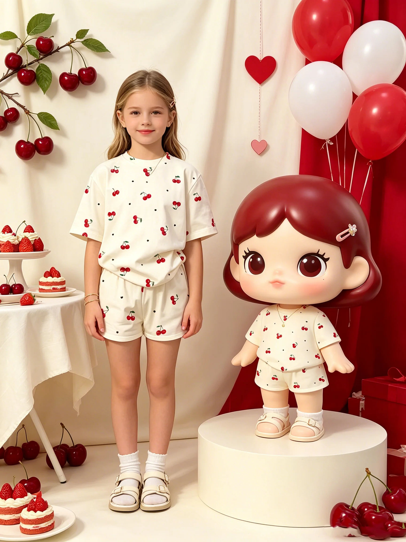 Kids Cherry Print Clothing Set round Neck Short Sleeve T-Shirt Elastic Waist Shorts Cute Children's Outfit