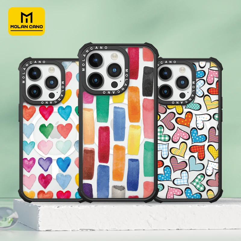 Magnetic Phone Case Rainbow Love Heart For iPhone 15 14 13 12 11 Pro Max Plus Mini Shockproof PC+TPU Cute Back Cover