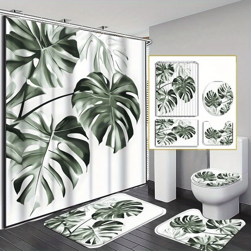 

4pc Tropical Leaf Bathroom Set, machine washable, includes a shower curtain, non-slip mat, U-shaped mat, and toilet seat.