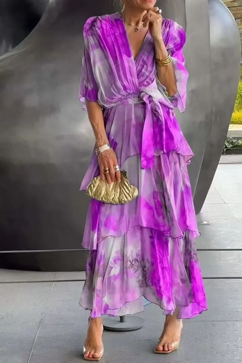 Y2k Fashion Women Printed Waist Cinching Dress Summer V Neck Long Dress Half Sleeve Ruffle Hem Dresses Lady Bohemia Party Robe