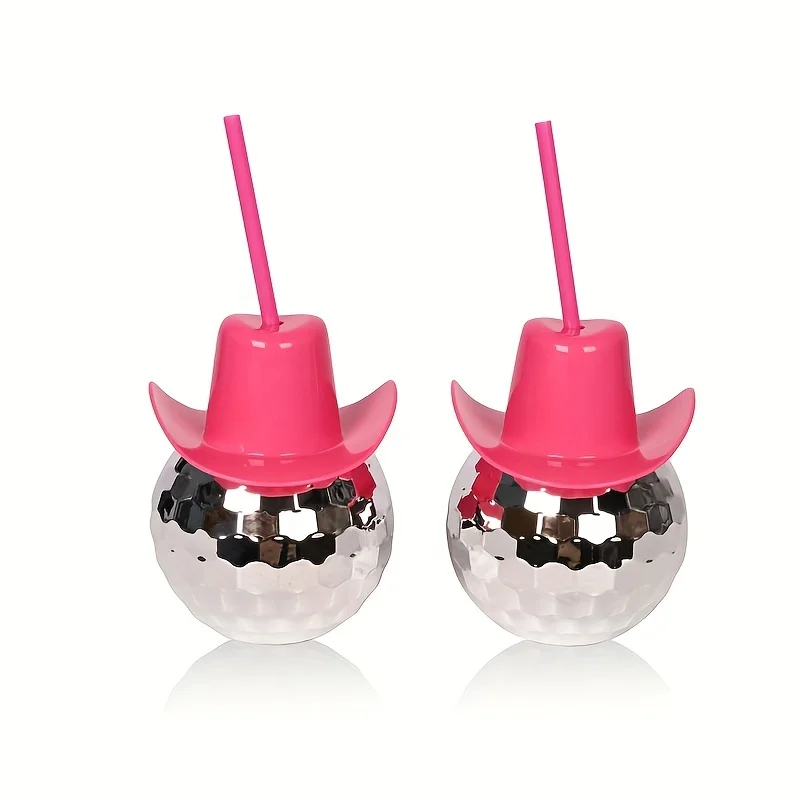 Disco Ball Cowboy Hat Tumbler with Straw 20oz Sparkly Disco Cup Reusable Plastic Party Tumbler Bachelorette Rodeo Birthday Part
