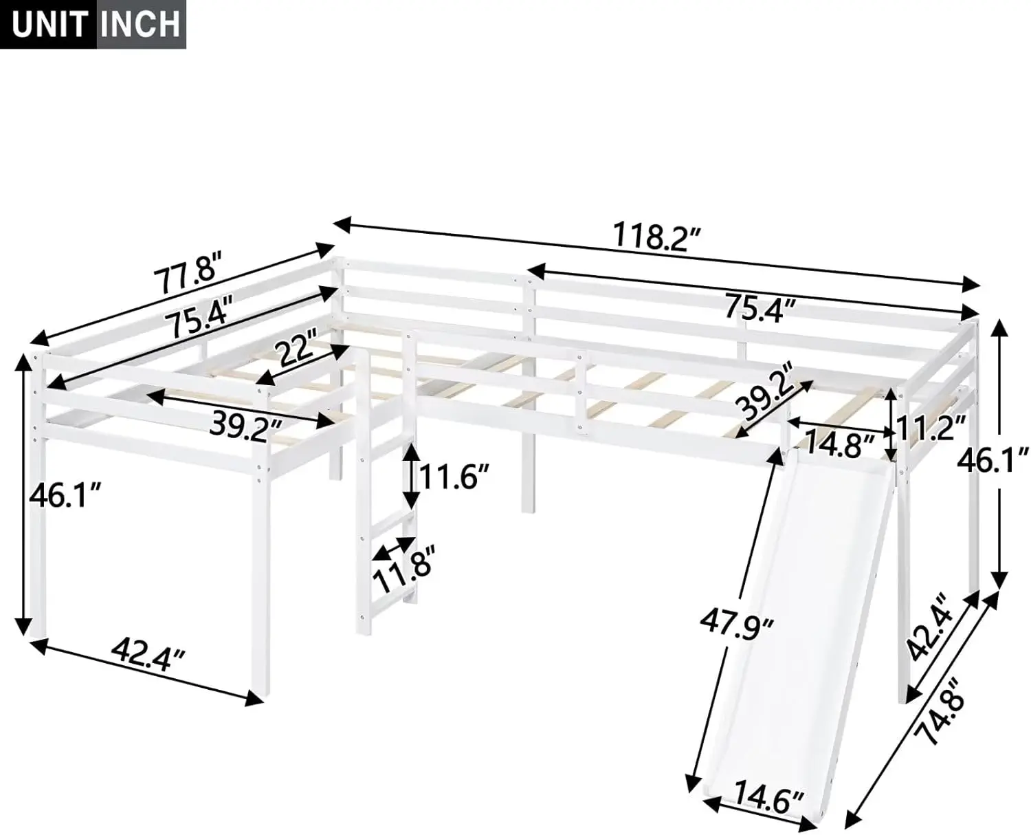 Merax Wooden Twin Size Double Loft Bed with Slide and Ladder, L-Shaped Bed Frame with Full-Length Guardrail